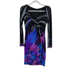 Adrianna Papell Dress Women's Black Purple Gray Floral Gown Size 4 Long Sleeves